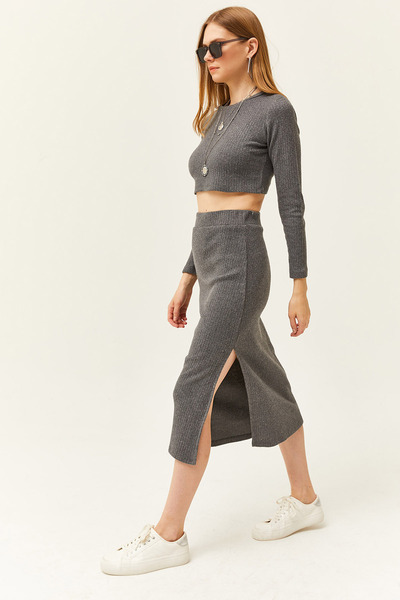 Women's Smoked Slit Skirted Thick Corded Ribbed Suit TKM-19000252