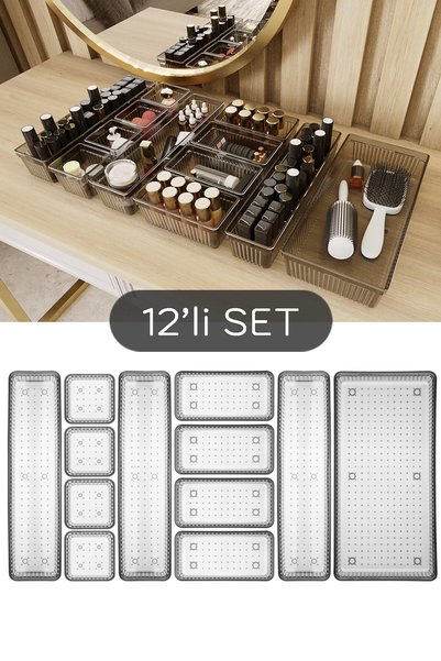 12-Piece Modular Jewelry Makeup Organizer - Bathroom Drawer Organizer Set Black