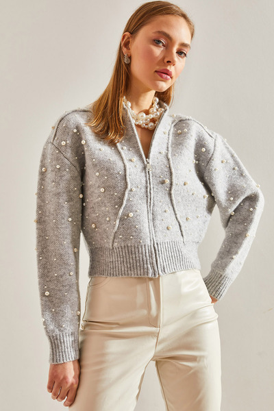 Women's Gray Pearl Stone Embroidered Knitwear Cardigan 20234285