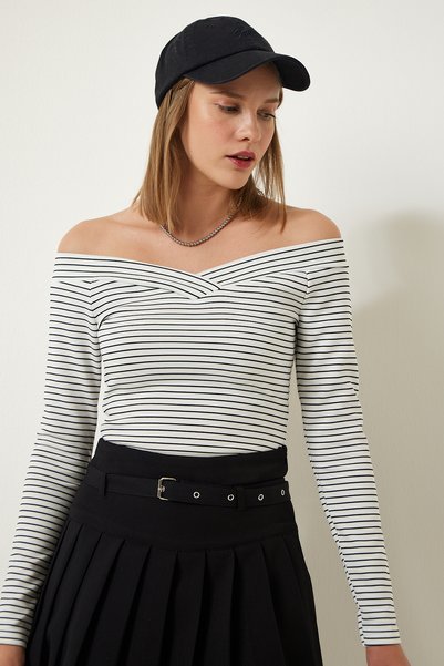 Women's White Asymmetrical Collar Striped Saran Knitted Blouse FF00153