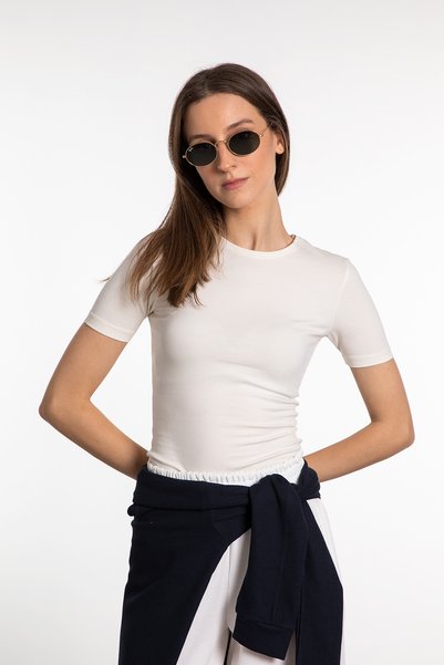 Cotton Round Neck Short Sleeve Blouse Ecru