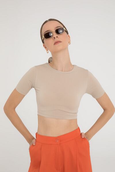 Soft Touch Round Neck Short Sleeve Crop Top Beige
