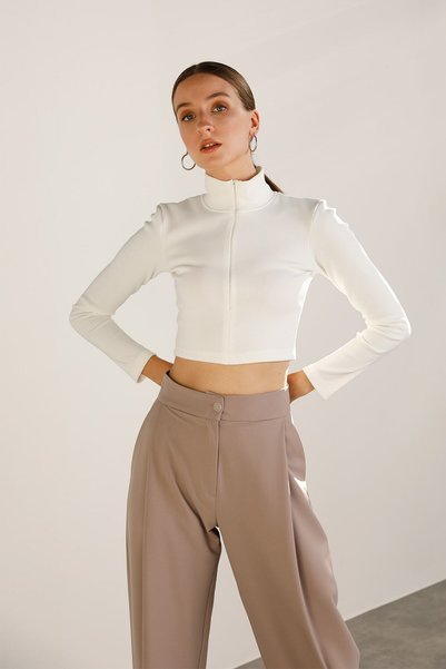 Zipper Detailed Ribbed Crop Top Ecru