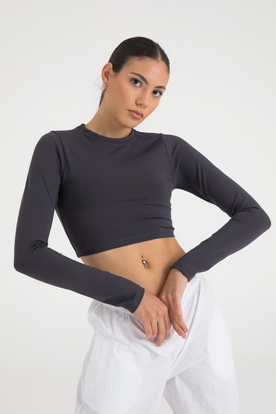 Cotton Round Neck Short Blouse Smoked