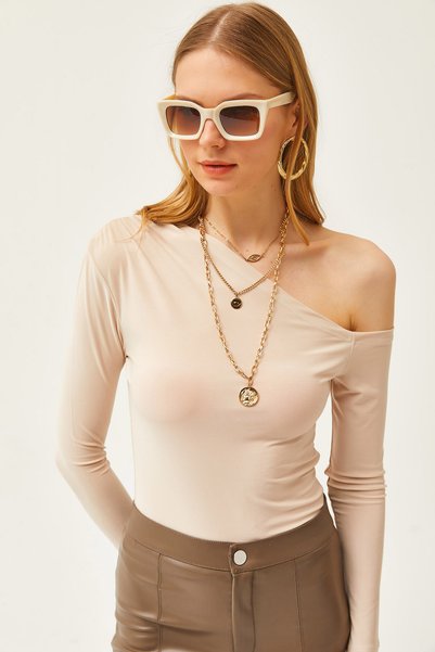 Women's Stone Asymmetric Collar Lycra Sandy Blouse BLZ-19002484