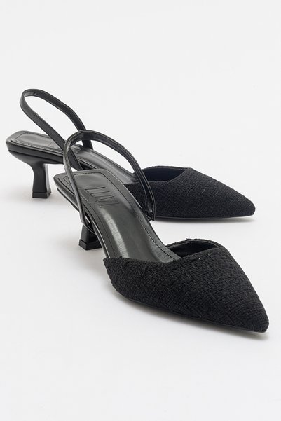 OVER Black Tweed Pointed Toe Short Heeled Women's Shoes