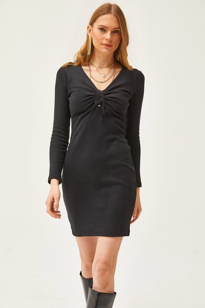 Women's Black Robe Gather Detailed Raised Mini Dress ELB-19002041