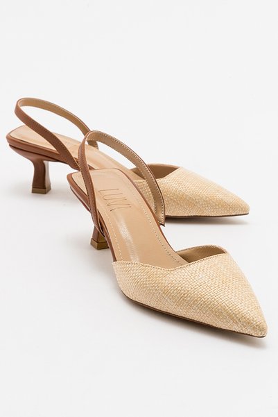 OVER Beige Straw Tan Pointed Toe Short Heeled Women's Shoes