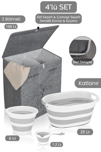 Gray Felt 2-Compartment 53X33X60Cm Water Bucket and Mug Set of 4 - 25Lt Folding Laundry Saddle