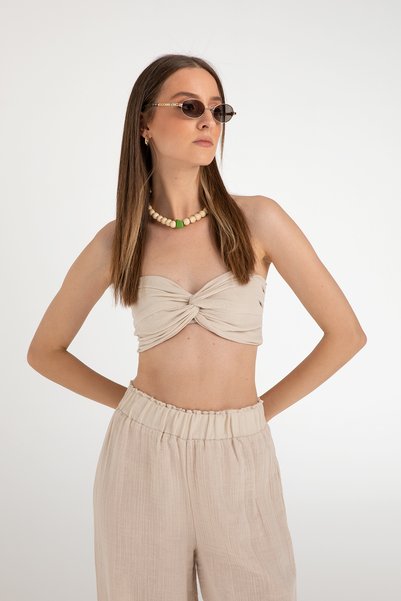 Muslin Knot Crop Top Beige