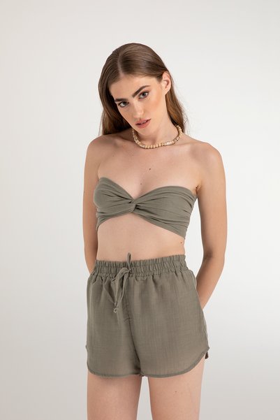 Muslin Knot Crop Top Khaki