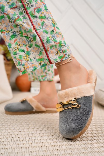 Winter House Slippers Gray Plush Woolen Women's Slippers Guest Dowry Bundle Bridal Slippers