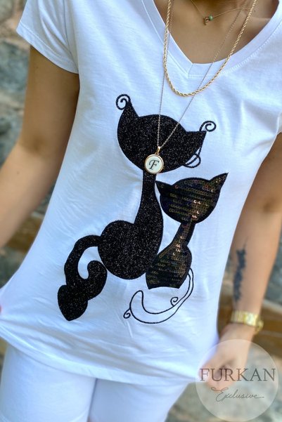 Women's White Cat Figured Sequin Embroidered Cotton T-Shirt