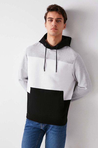 Clyde Men's Blocked Hooded Black Sweatshirt with Drawstring and Fleece Inside