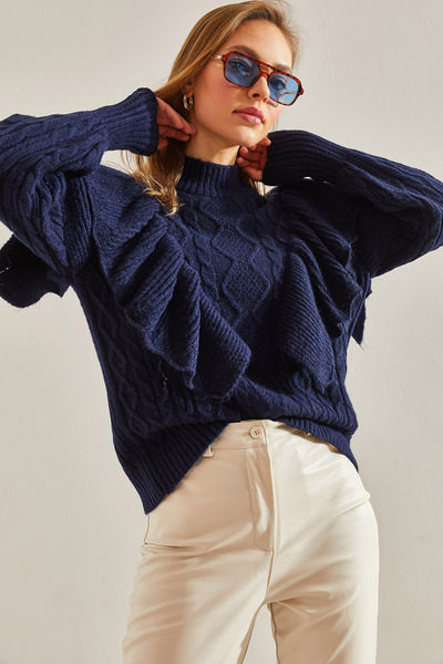 Women's Navy Blue Braided Openwork Knitwear Sweater 20234923