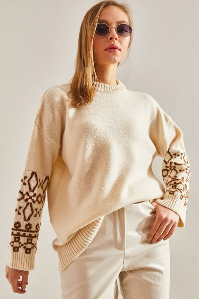 Women's Ecru Brown Patterned Knitwear Sweater 20234922