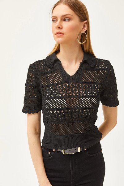 Women's Black Polo Collar Short Sleeve Knitwear Blouse BLZ-19002509