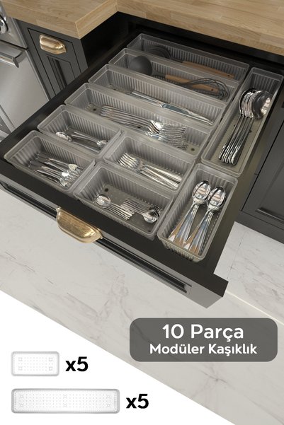 Modular Set of 10 Cutlery Drawer Organizer Fork Spoon Knife Organizing Organizer Transparent