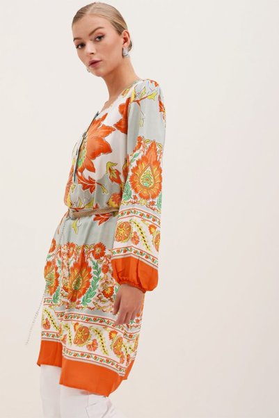 5902 Belted Patterned Dress - Orange