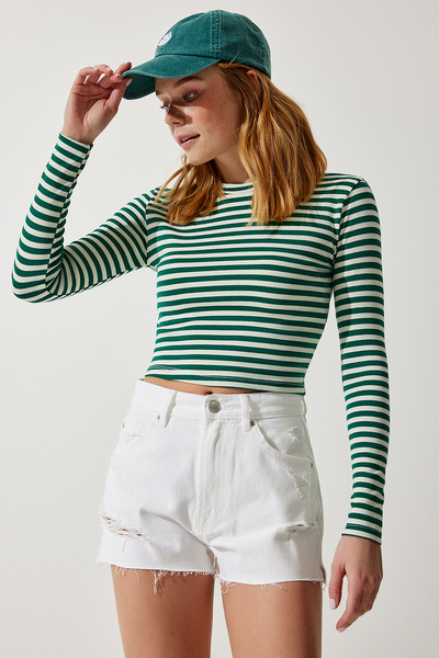 Women's Dark Green Crew Neck Striped Crop Knitted Blouse CR00424