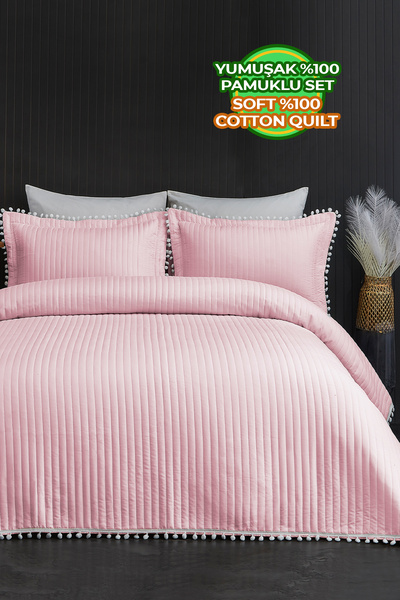 Quilted Pompom Double Size 100% Cotton Bedspread (Pique) Set Fiber Filled Powder