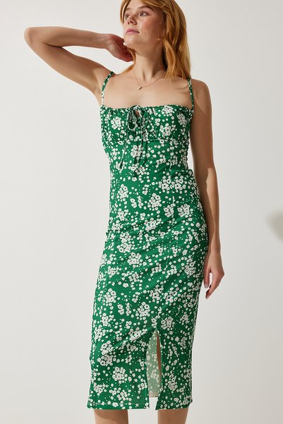 Women's Dark Green Floral Slit Summer Knitted Dress CI00029