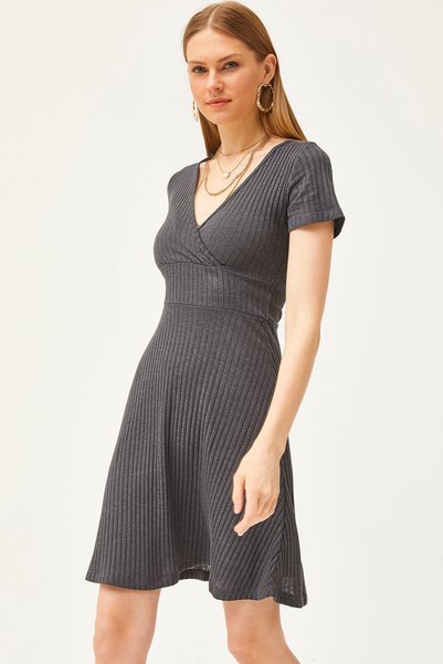 Women's Smoked Double Breasted Collar Short Sleeve Mini Flared Dress ELB-19002059