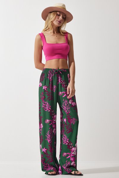 Women's Dark Green Fuchsia Patterned Flowing Viscose Palazzo Trousers EN00606