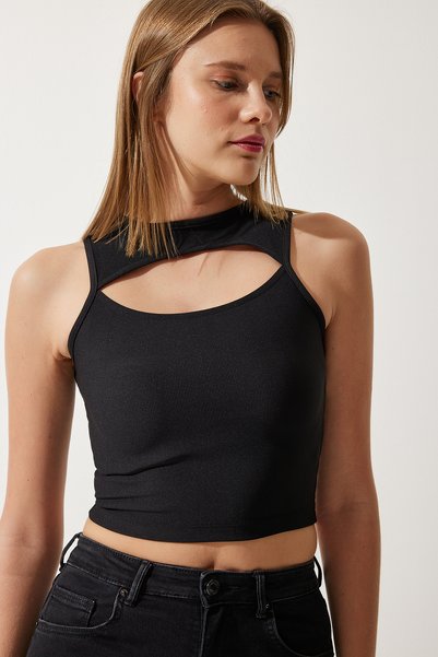 Women's Black Cut Out Detailed Ribbed Crop Knitted Blouse KH00089