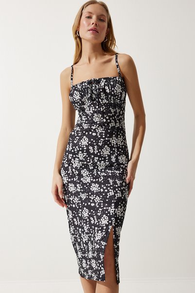 Women's White Black Floral Slit Summer Knitted Dress CI00029