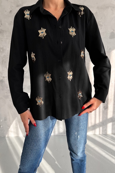 Women's Black Eye Pattern Sequin Sequin and Embroidery Cotton Shirt
