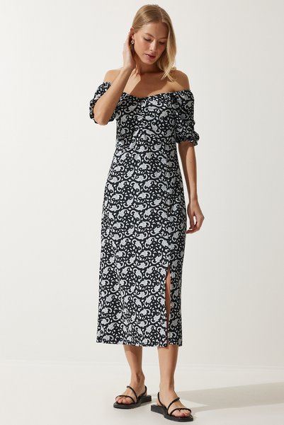 Women's Black Gray Elastic Carmen Collar Summer Dress Mc00172