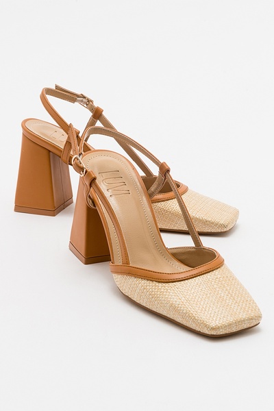 RIVIE Tan Straw Women's Blunt Toe Thick Heeled Shoes