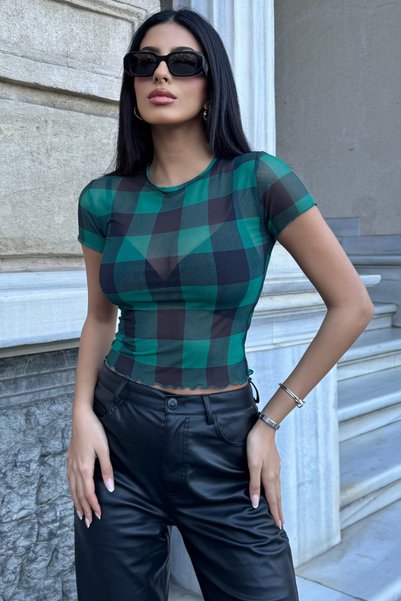 Women's Black Green Square Patterned Crew Neck Short Sleeve Baby Overlock Detailed Tulle Transparent Blouse