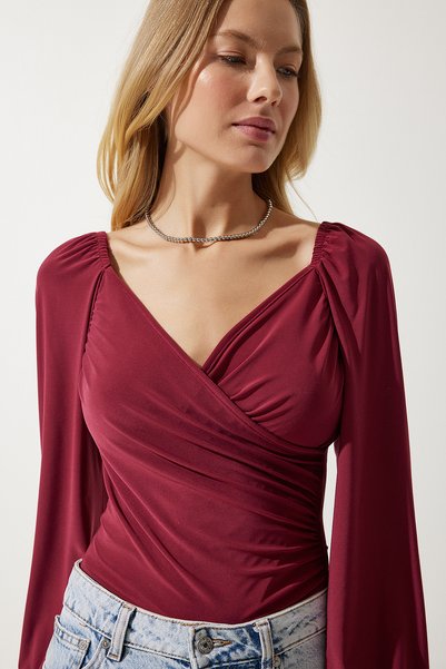Women's Cherry Elastic Balloon Sleeve Sandy Knitted Blouse FF00154