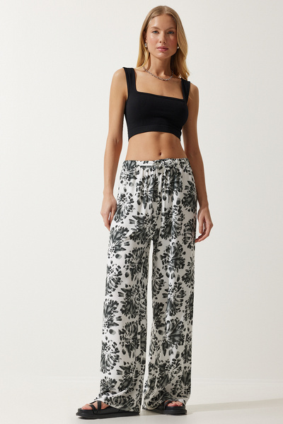 Women's Ecru Black High Waist Summer Loose Viscose Trousers BH00354