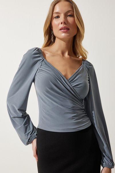 Women's Gray Elastic Balloon Sleeve Sandy Knitted Blouse FF00154