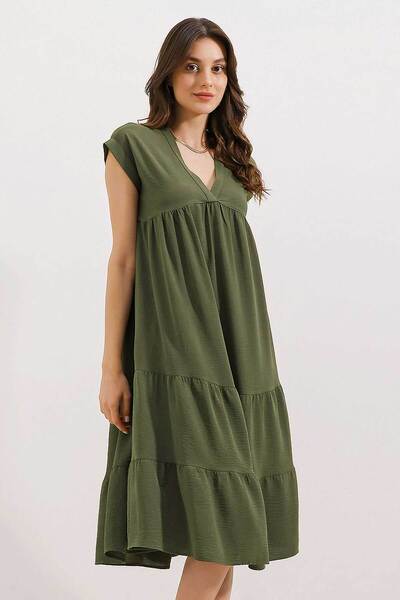 2398 V-Neck Flounce Dress - Khaki