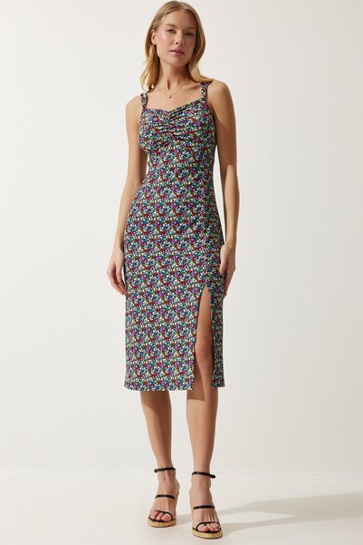 Women's Blue Green Double Strap Patterned Knitted Dress MC00262