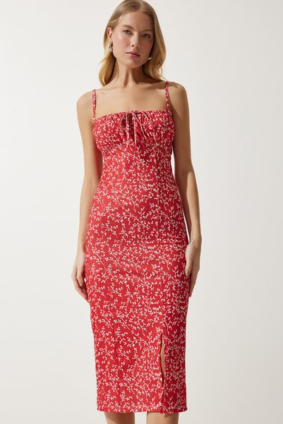Women's Red and White Floral Slit Summer Knitted Dress CI00029