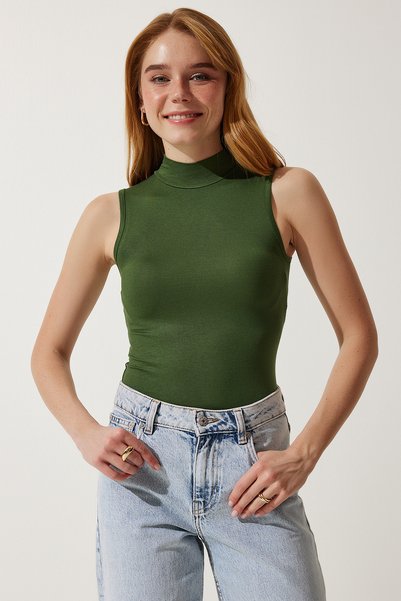 Women's Dark Green Stand Collar Sleeveless Viscose Knitted Blouse RX00050