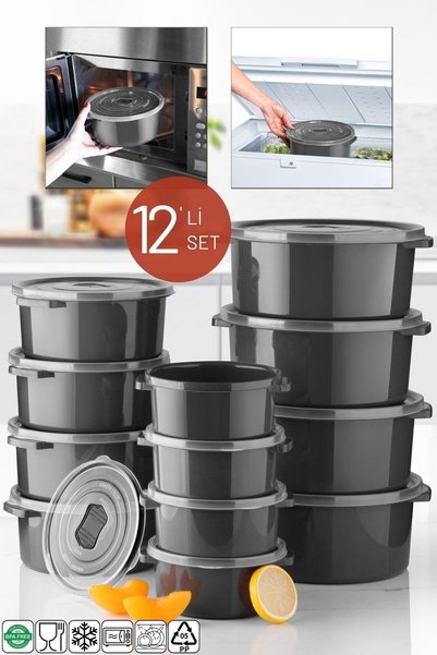 Microwave and Freezer-Safe Storage Container Set, Round, 12-Piece, Anthracite