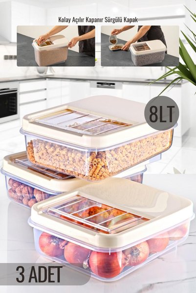 Multibox 8 Lt Multi-Purpose Food Container with Easy Sliding Lid, Pulses and etc. Storage Container 3 Pieces