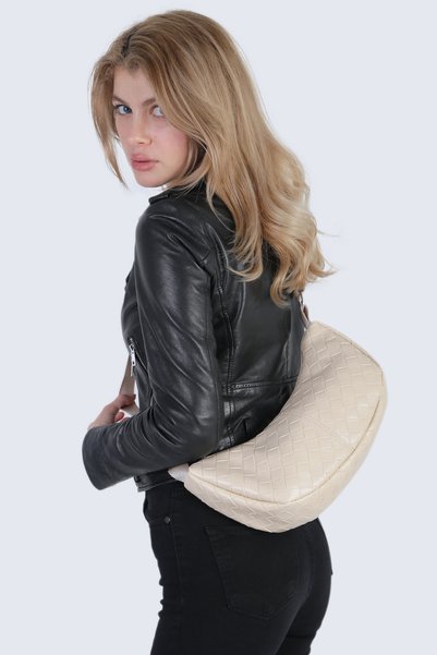 Cream Knit Look Half Moon Crossbody Bag 256