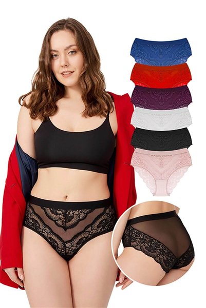 Lace Transparent Back Large Size Bikini Panties 6 Pack