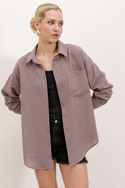 20153 Single Pocket Oversize Linen Shirt - Dark Lilac