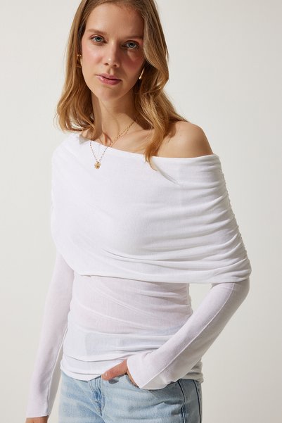 Women's Ecru Off-shoulder Drawstring Detailed Blouse US00920