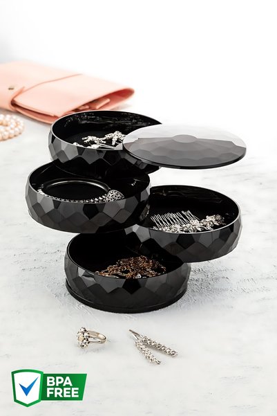 4 Tiers Round 360 Degree Rotatable, Diamond Jewelry Organizer BLACK