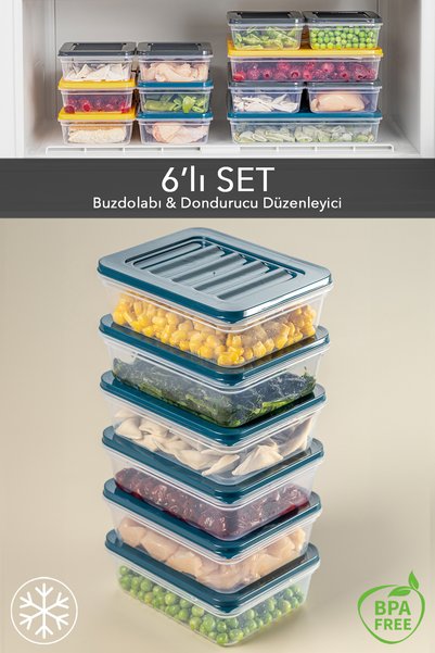6-Piece Refrigerator Organizer Microwave and Freezer Safe Storage Container Petrol 6 X 600 ml