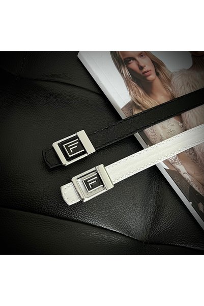 2-Pack Opportunity Product: Thin Women's Belt with Silver Buckle and F Logo, Trouser Belt, Jacket Belt, Belt